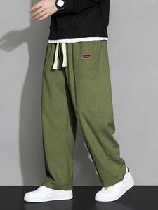 Men's Letter Patched Drawstring Waist Ribbed Corduroy Pants, Loose Casual Comfy Straight Leg Trousers for Fall & Winter, Men's Bottoms for Daily Wear