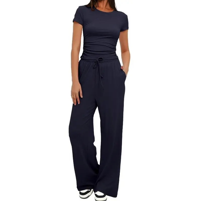 Women's Solid Crop Top & Drawstring Wide Leg Pants Loungewear Two-piece Set, Casual Comfy Round Neck Short Sleeve Top & Trousers PJ Set, Ladies Sleepwear for All Seasons, Pajamas 5