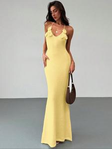 Women's Plain Halter Backless Dress, Y2K Fashion Casual Textured 3D Handmade Crochet Floral Summer Knit Maxi Dress for Vacation Music Festival Outfits Clothes