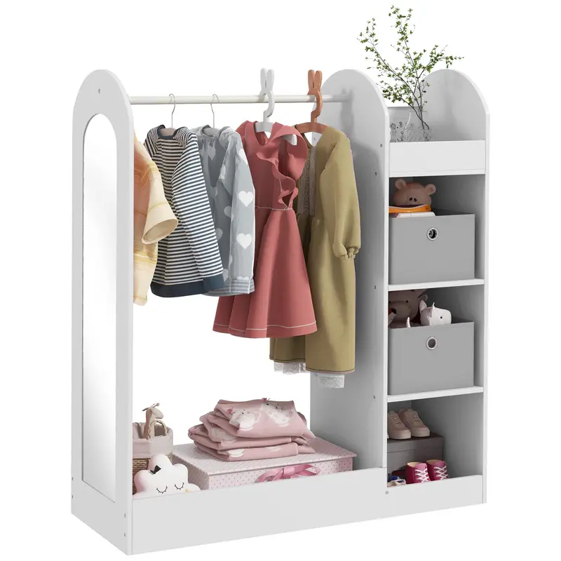 AIYAPLAY Kids Clothes Rail, Dress-Up Stand with Storage Shelf, Boxes & Mirror, Wardrobe for Bedroom, Nursery, Kids Room 5