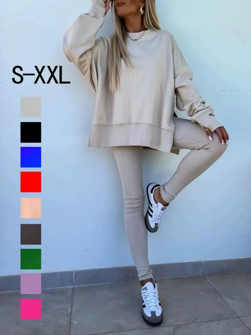 2025Women's Solid Split Hem Sweatshirt & PantsTwo-piece Set,Casual Fashion Cozy BreathableTwo Piece Outfits for Daily Outdoor Wear, LadiesClothes for All Seasons