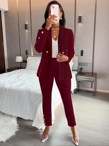 Two-piece Set Women's Solid Double Button Shawl Collar Blazer & Elastic Waist Suit  Pants Set, Elegant Fashion Casual Two Piece Outfits for Work Office Business, Ladies Fall & Winter Clothes