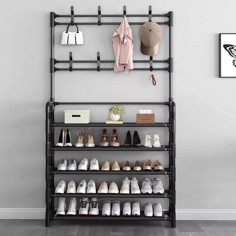 New Coat and Hat Stand 8 Hooks Metal Shoe Rack 5 Tiers Shelf Hanger Black 0