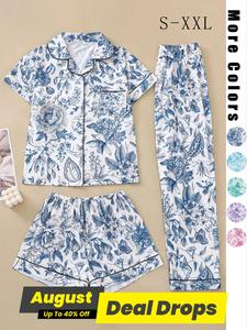 Three-Piece Set Women's Floral Print Button Front Pocket Blouse & Elastic Waist Shorts & Contrast Binding Pants Pyjama Set, Fall Casual Comfy Breathable Three-piece PJ Set for Daily Wear Back To School, Ladies Sleepwear for Fall