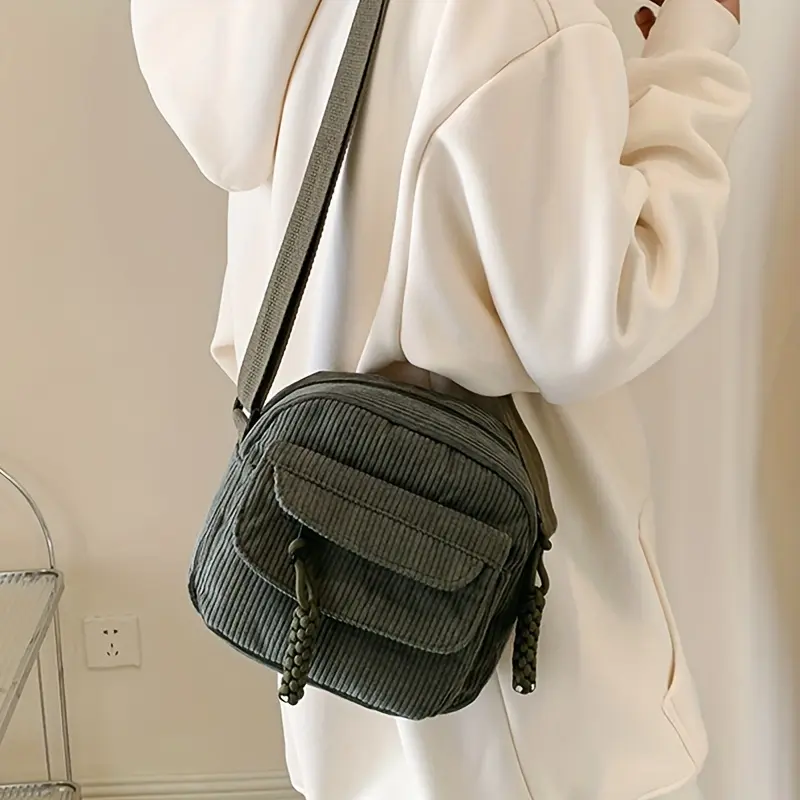 A&H     Harajuku-Style Vintage Corduroy Crossbody Bag - Japanese Casual Shoulder Handbag with Zipper, Striped Design and Polyester Lining - Unisex 6