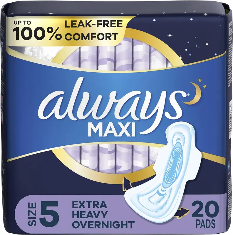 Always Maxi Feminine Pads for Women, Size 5 Extra Heavy Overnight Absorbency, with Wings, Unscented, Pack of 20 Comfort 0
