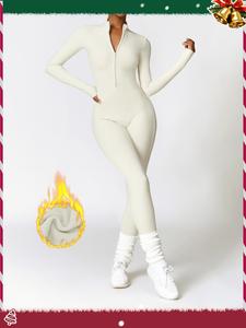 Women's Solid Zip-up Skiing Jumpsuit, Casual Sporty Long Sleeve Onesie for Skiing Cycling, Fall & Winter Ladies Sportswear, Stretchable Activewear