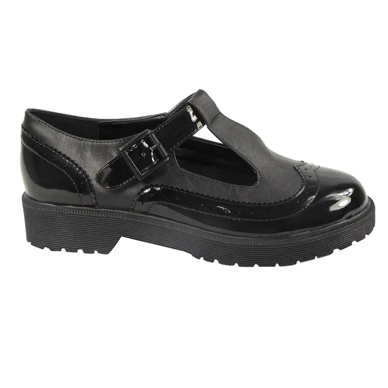 Girls Black Faux Leather Two Tone School Shoe 1