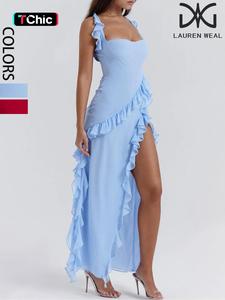 Women's Plain Ruffle Trim Split Hem Tank Dress, Formal  Chic Sexy Sleeveless Long Dress for Party Club Dating Wear, Ladies Clothes for Summer