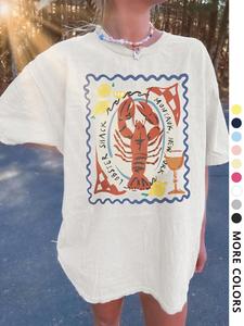 Women's Lobster & Lemon Print Round Neck Tee, Casual Fashion Graphic Stretch T-shirt for Daily Wear, Ladies Clothes for All Seasons, Tops