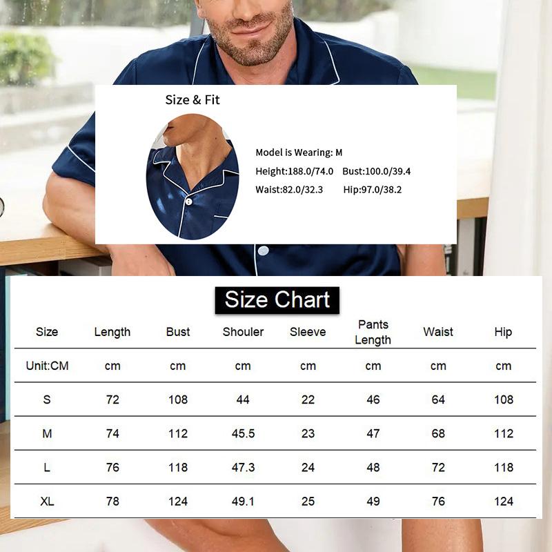 Men satin pajama set summer casual pajama button pocket short sleeved shirt with shorts casual pajama men two piece pajama set 5