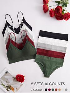 Women's Solid Wireless Bra & Panty Set, 5 Sets Casual Comfy Breathable Bra & Knicker Set for Daily Wear, Lingerie Set Underwear Set for Women, Lounge Bras