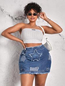 【Plus Size】Star Pattern Short Denim Skirt, Casual Fashion Ripped Design Skirt for Daily Outdoor Wear, Women Plus Clothing for Summer