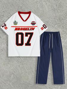 Men's Letter & Figure Print Short Sleeve Tee & Straight Leg Pants Two-piece Set, Loose Casual V Neck T-shirt & Trousers, Men's Summer Clothes