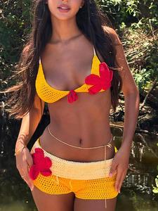 Two-piece Set Women's Flower Decor Halter Crop Top & Colorblock Shorts, Fashion Hollow Out Tie Back Top & Shorts for Beach Holiday Vacation, Ladies Summer Clothes, Bathing Suits, Halter Bikini Sets