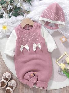 Baby's Colorblock Bow Front Sweater Onesie with Hat, Casual Long Sleeve Round Neck Knitwear for Fall & Winter, Newborn Infant Kids Clothes for Daily Wear