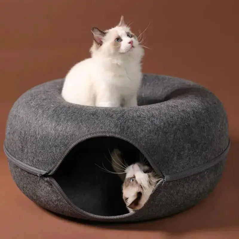 2-in-1 Donut Cat Bed Tunnel Toy – Dual-Use Felt Pet House & Play Tunnel | Scratch-Resistant, Removable & Easy to Clean 3