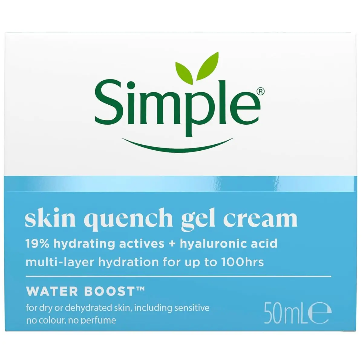 Simple Water Boost Skin Quench Gel Face Cream with 19% Hydrating Actives and Hyaluronic Acid Moisturiser for Dry Skin 50 ml