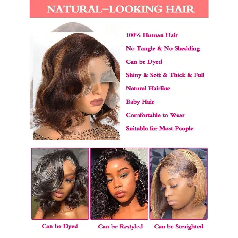 Highlight Short Body Wave Bob 13X4X1 T Part Lace Wigs Ombre Real Colored Human Hair Lace Frontal Closure Wigs For Women With Front Baby Hair Pre Plucked Natural Hairline Wig 5