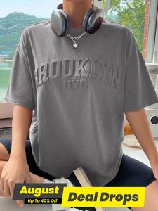 Women's 3D Letter Print Drop Shoulder Short Sleeve Tee, Loose Fashion Round Neck T-shirt for Summer, Women's Top for Daily Wear, Casual Everyday Wear, Casual Breathable Design