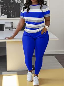 Women's Striped Print Tee & Skinny Pants Two-piece Set, Casual Round Neck Short Sleeve T-shirt & Trousers for Daily Wear, Ladies Two-piece Outfits for Spring & Fall