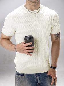Men's Solid Color Cable Knit Short Sleeve Tee, Regular Fit Casual Comfy Round Neck T-shirt for Summer, Fashion Men's Knitwear for Daily Wear, Tops