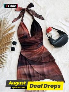 Women's Colorblock Print Tie Back Dress, Chic Casual Sleeveless Dress for Summer, Ladies Casual Cute Clothes for Beach Holiday Vacation, Womenswear, Colorblock Wrap Dress, Evening Party Dresses, Open Back Dress