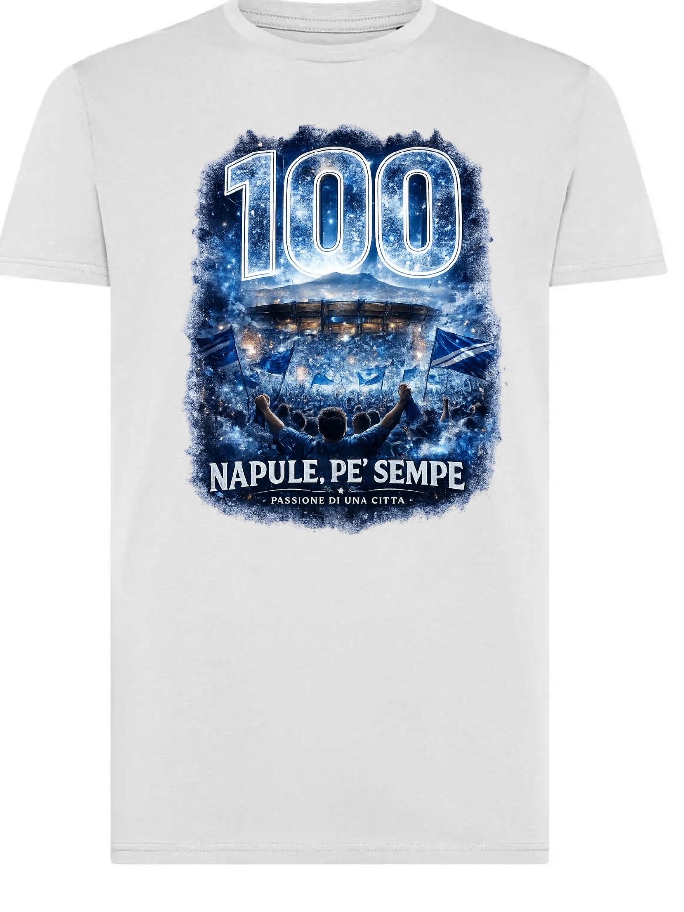 Napule Pe' Sempe T-shirt Azzurra 100 Anni di Passione Celebrazione Stile Elegante per Amanti della Tradizione