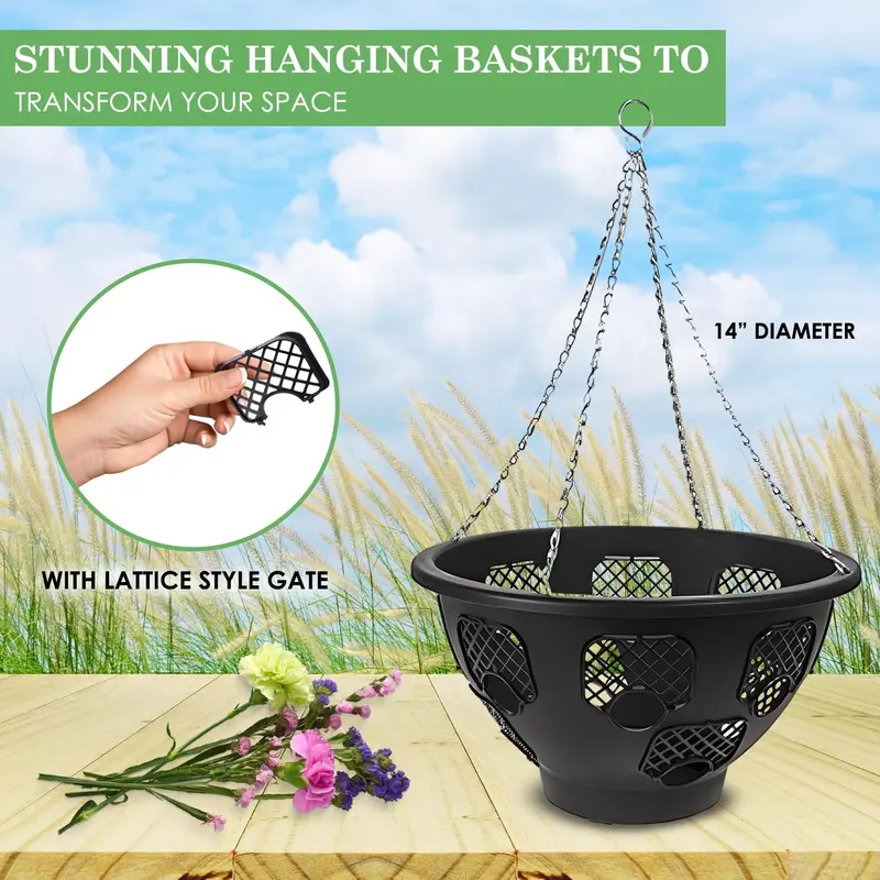 Flower Garden Plastic Hanging Basket 14" Strong Black Bracket Planter Pack 2 & 4 Hangable Organiser Hangers Decor Decorative 1