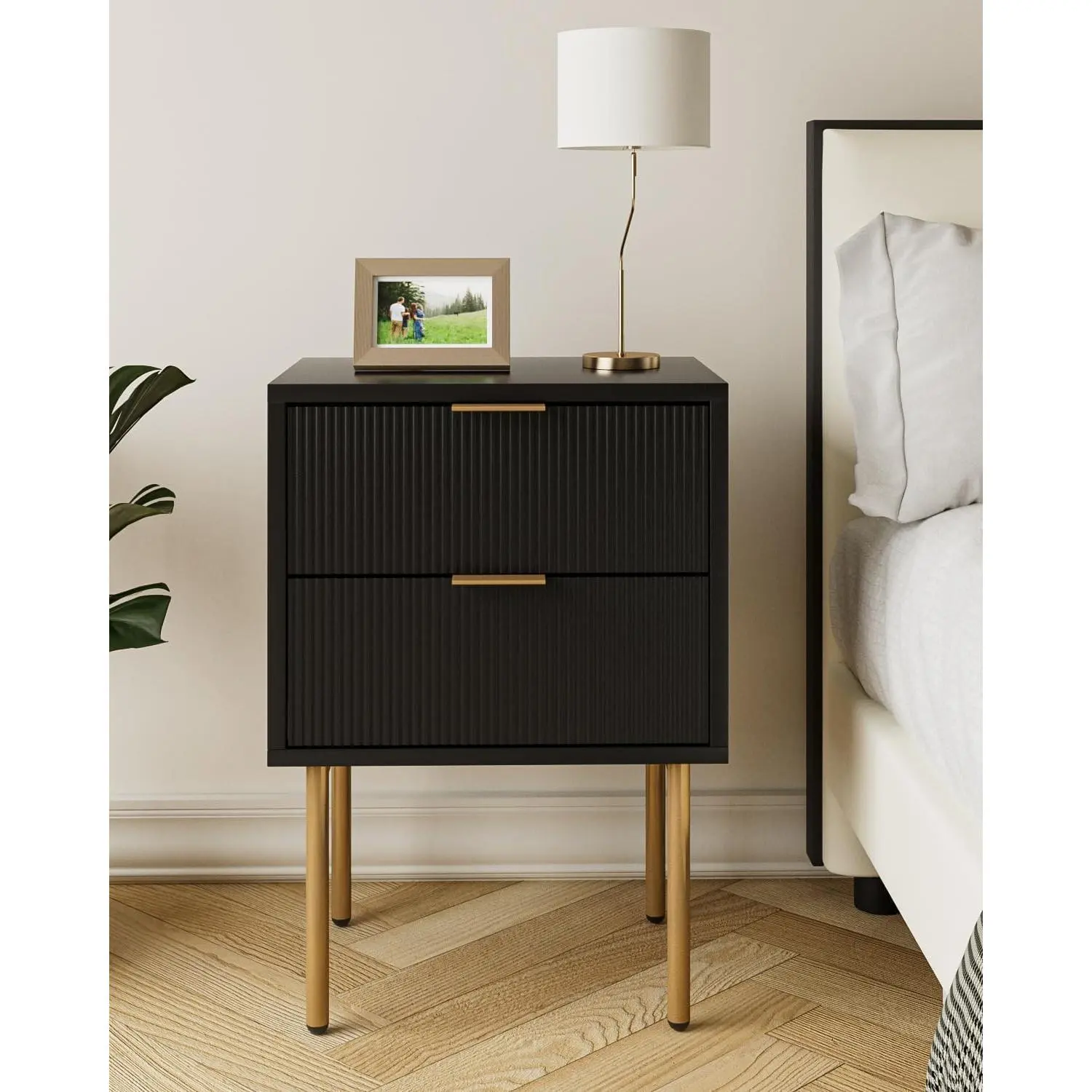 NEW-HEYZOEY Bedside Table, Small Bedside Tables with 2 Drawers, Wooden Nightstand with Gold Legs, Mid-Century Modern Bed Side End Table for Bedroom, Living Room, Black