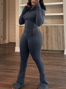 Women's Solid Long Sleeve Zip Up Jacket & Skinny Pants Two-piece Set, Casual Fashion Cozy Breathable Two Piece Outfits for Daily Outdoor Wear, Women Clothes for Spring & Summer