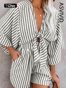 Women's Striped Print Knot Front Romper, Casual Batwing Sleeve Pocket Jumpsuit, Ladies Clothes for Summer Daily Wear
