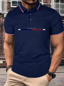Men's Regular Fit Letter Print Contrast Binding Polo Shirt, Casual Short Sleeve Button Front Top for Summer, Summer Outfits 2024, Fashion Men's Clothes