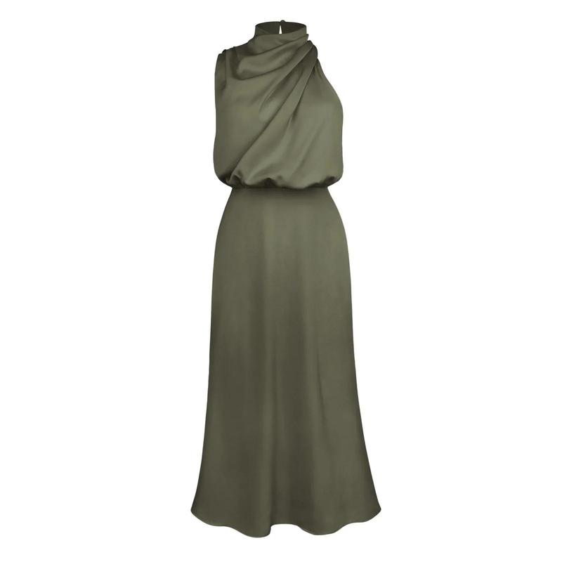 Product Introduction of 2025 Spring/Summer Long Dress for Women High Waist Halter Satin Sleeveless Dress Fashion Elegant Solid Evening Party Dresses 1