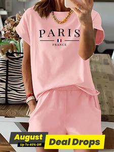Women's Letter & Flag Print Set, Short Sleeve Tee & Elastic Waist Shorts Set, Chic Casual Two-piece Set for Summer, Summer Beach Set, Ladies Lounge Clothes for Daily Wear, Women's 2 Piece Sets, Womenswear, Soft Lounge Sets, Summer Clothing Set