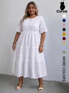 【Plus Size】 Plain Eyelet Embroidery Dress, Boho Fashion Round Neck Dress for Daily Holiday Vacation Wear, Women Plus Clothing for Summer, Casual Dress, Bohemian Gowns