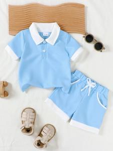 Baby Boy's Solid Short Sleeve Polo Shirt & Striped Print Shorts Set, Casual Summer Outfits Clothes for Infant Toddler, Newborn Baby Gifts, Baby Clothing