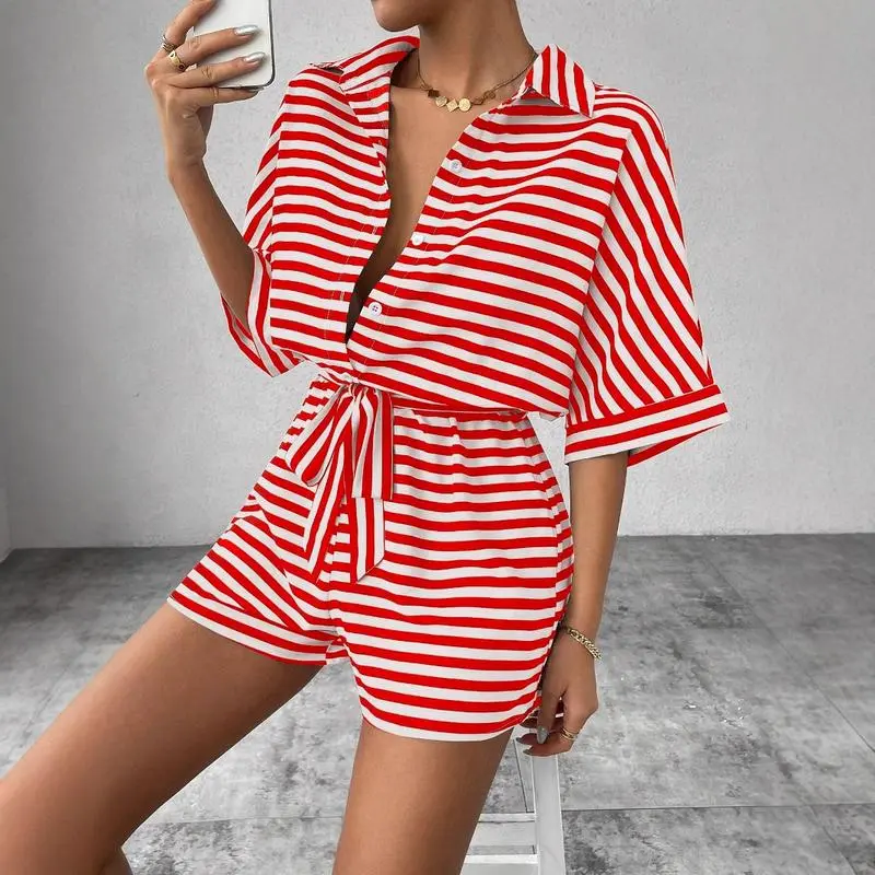 Women's Striped Print Romper, Casual BeltedRomper for Summer, Fashion Women's Clothesfor Daily Wear Comfortable Fit Womenswear Elegance 1