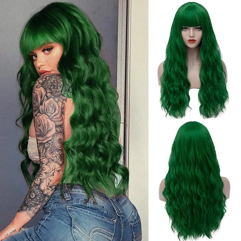 Craigs bits and bobs Sallcks Womens Long Curly Wavy Green Wig with Bangs Synthetid Heat Resistant Halloween Cosplay Costume Wigs 6