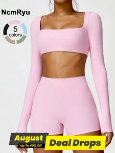 Women's Seamless High Elastic Soft Square Collar Long Sleeve Top & High Waist Shorts Yoga Clothes Suit Outdoor Running Mountain Climbing Walking Fashion Suit Gym Sports Training, Skinny Sportswear, Workout Casual Wear, Yoga Suit Set, Yoga Outfit Set