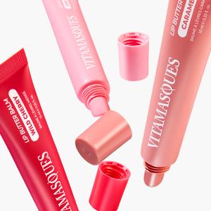 Vitamasques Lip Butter Balm Treat Set | Hydrating & Plumping with Shea Butter, Peptides & 15 Plant Oils | Sheer Tinted Balms for Soft, Juicy Lips | Vegan, Cruelty-Free, Clean Beauty | Lip Balm Oil Skincare Caramel
