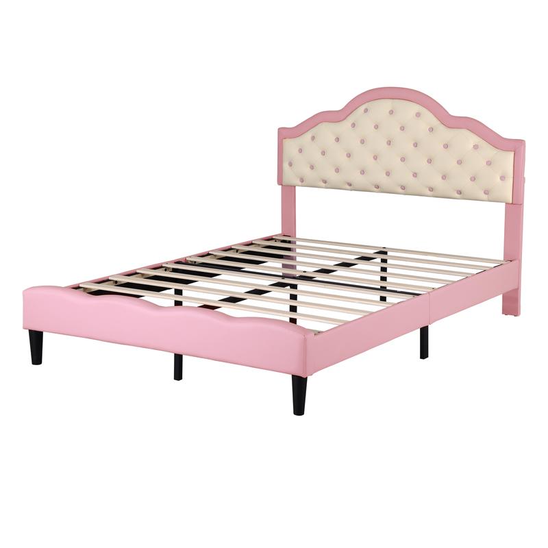 3ft/4ft6 Double Upholstered Bed Frame with Adjustable Chic Button-Tufted Headboard, PU Faux Leather Bed Frame with Solid Wood Slat, No Box Spring Needed, Easy Assembly, Pink+Beige (No Mattress) 6