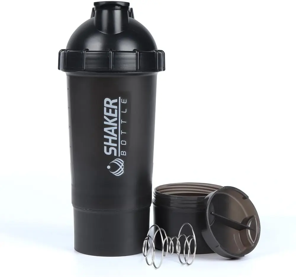 Protein Shaker Strong Bottle, 18oz 500ml. With Vitamin Box and Wire Whisk. Black