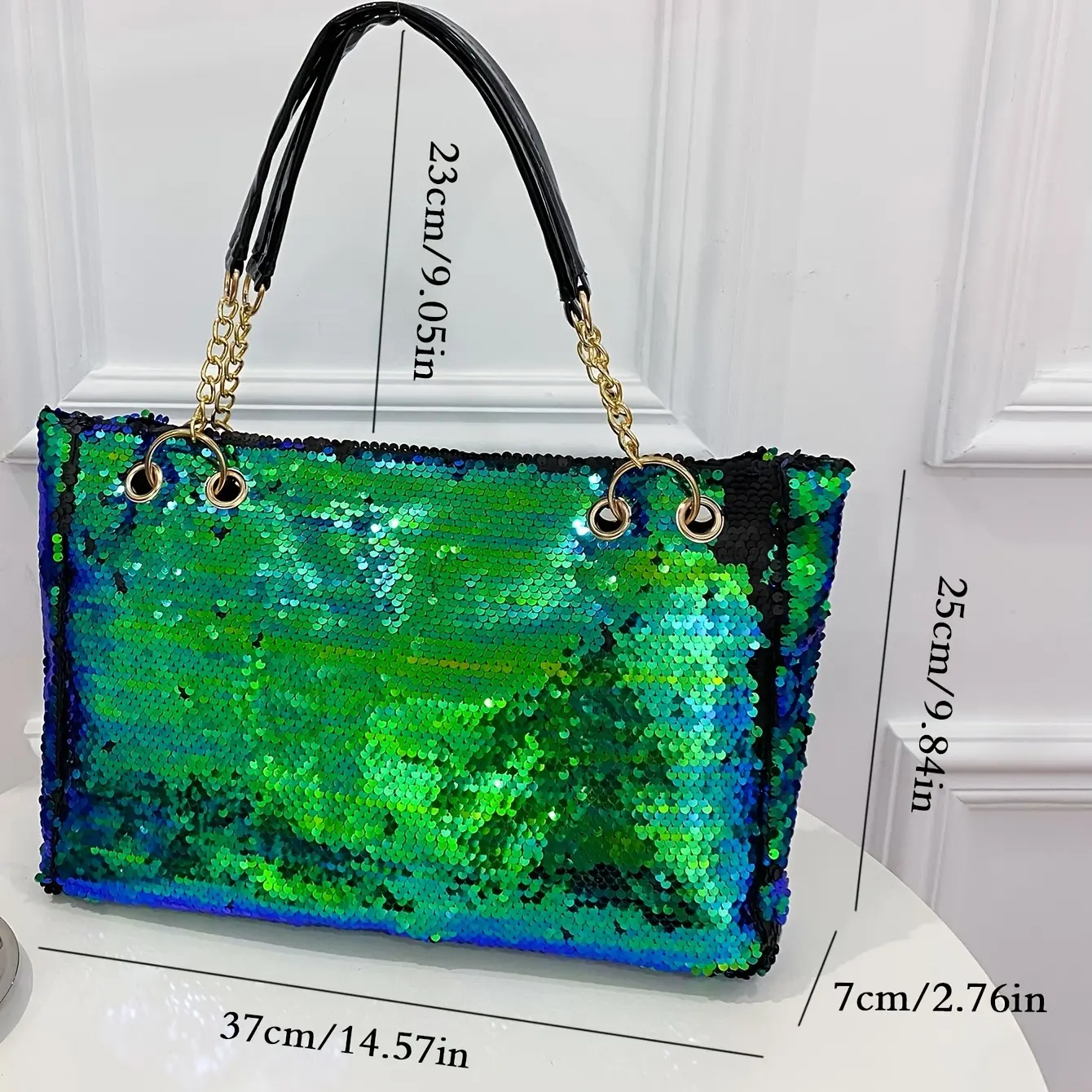Sequin Glitter Large Capacity Tote Bag, Sparkly Bling Metal Chain Shoulder Bag, Casual Versatile Commuter Bag Best Gifts for Carnaval
