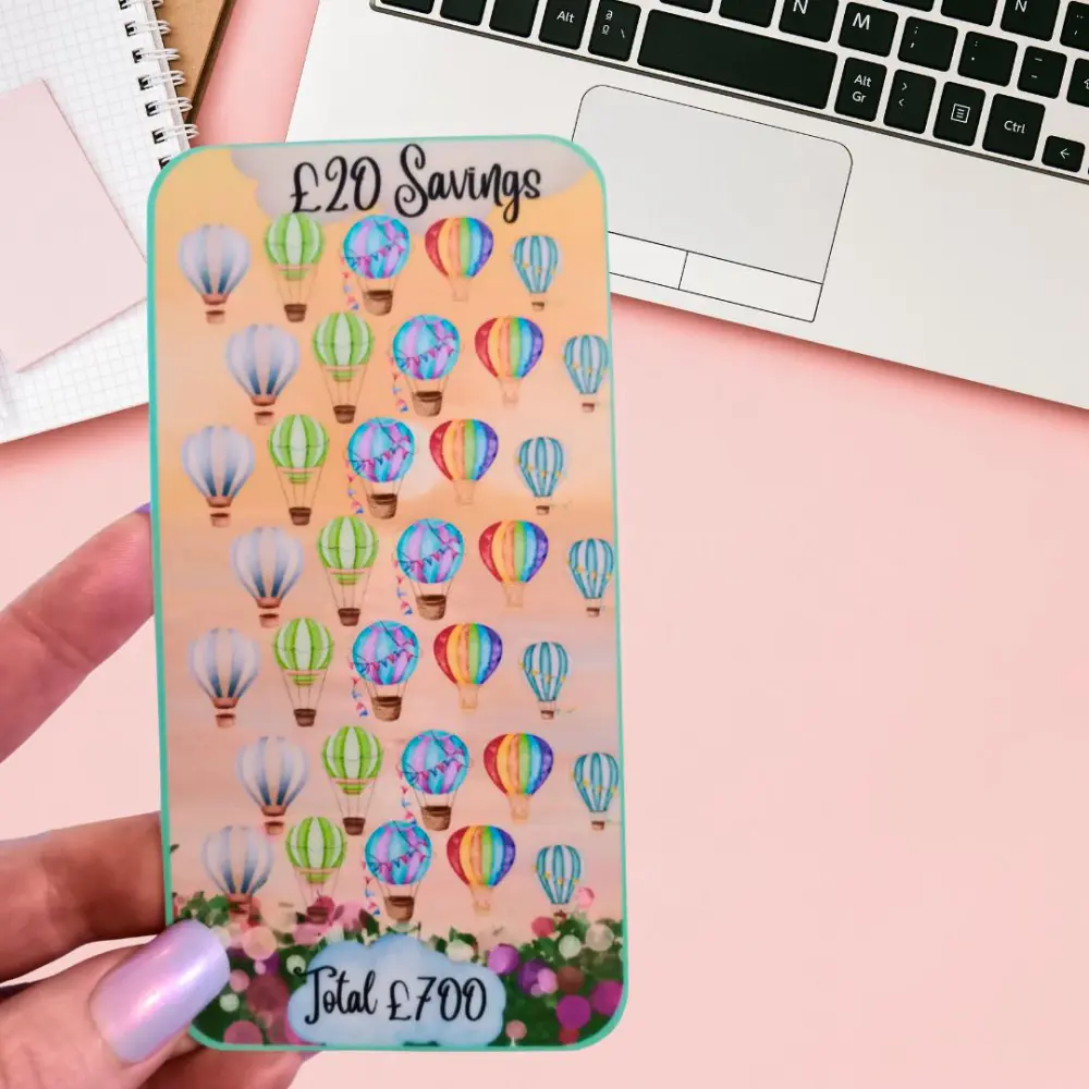 Cash Saving Challenge Cards for Cash Stuffing Binder A6 size –Twenty Pound Saver Card. Cash Stuffing. Save 700 Pounds - Hot Air Balloon Design.