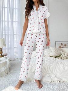 Two-piece Set Women's Cherry Print Lace Trim Top & Pants Pyjama, Casual Comfy Short Sleeve Top & Trousers Set, Ladies Sleepwear for All Seasons, Pyjamas for Women, Lounge Set for Women, Summer Loungewear, Womenswear, Shortsleeve Pjs