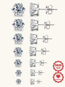 S925 Sterling Silver Synthetic Moissanite Earrings, Round Shaped Stud Earrings for Women & Men, Trendy All-match & Exquisite Jewelry for Birthday Gift