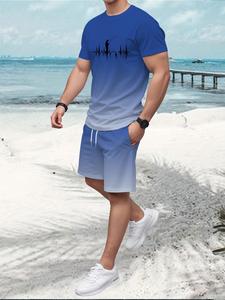 Men's All Over Print Short Sleeve Tee & Shorts Set, Regular Fit Casual Round Neck T-shirt & Shorts, Men's Summer Clothes