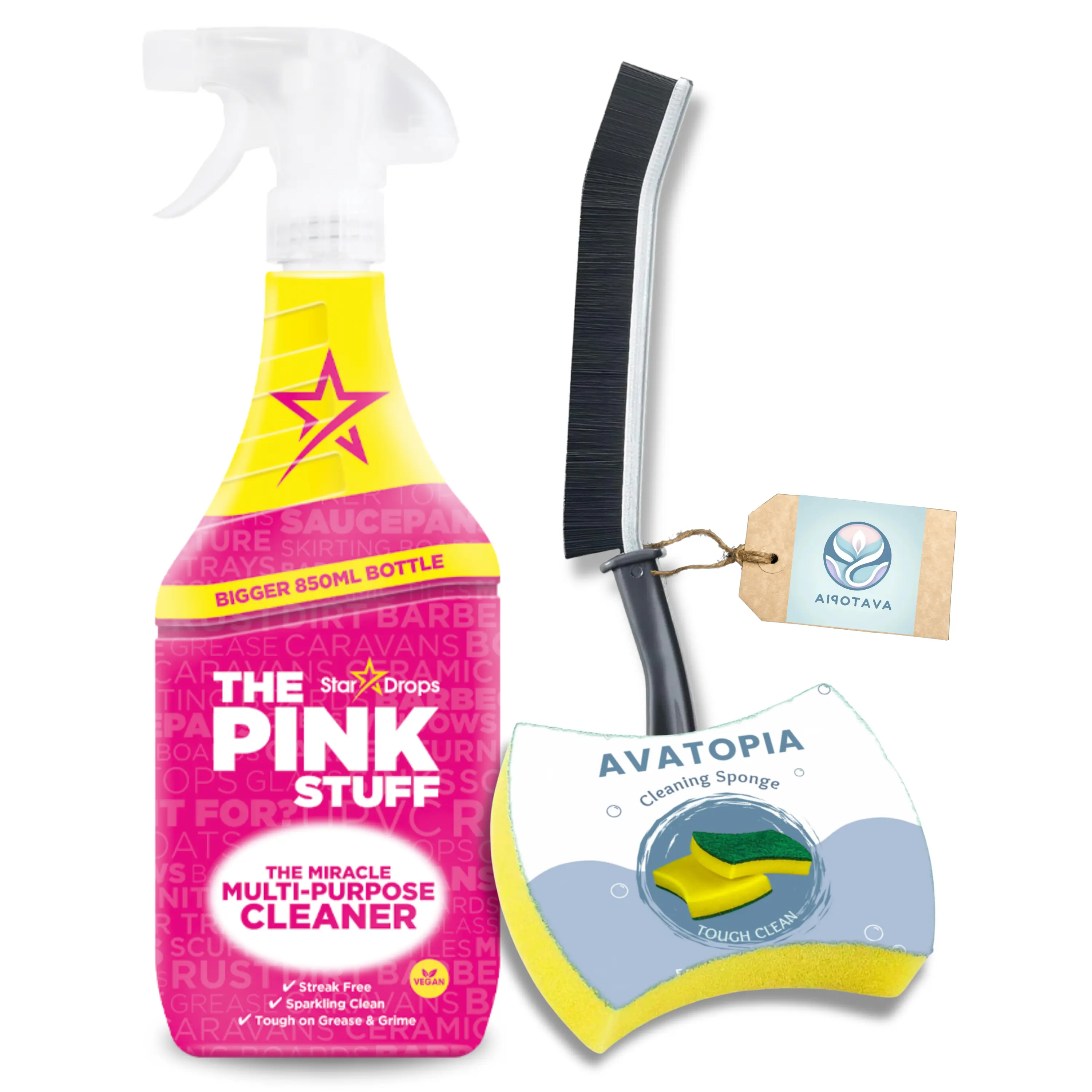 Pink Stuff Multi Purpose Cleaner 850ml with Cleaning Sponge and Crevice Brush - Powerful Kitchen Cleaner Spray for Grease, Stains & Grime - All-Purpose Cleaner for Bathroom & Kitchen Surfaces - Household