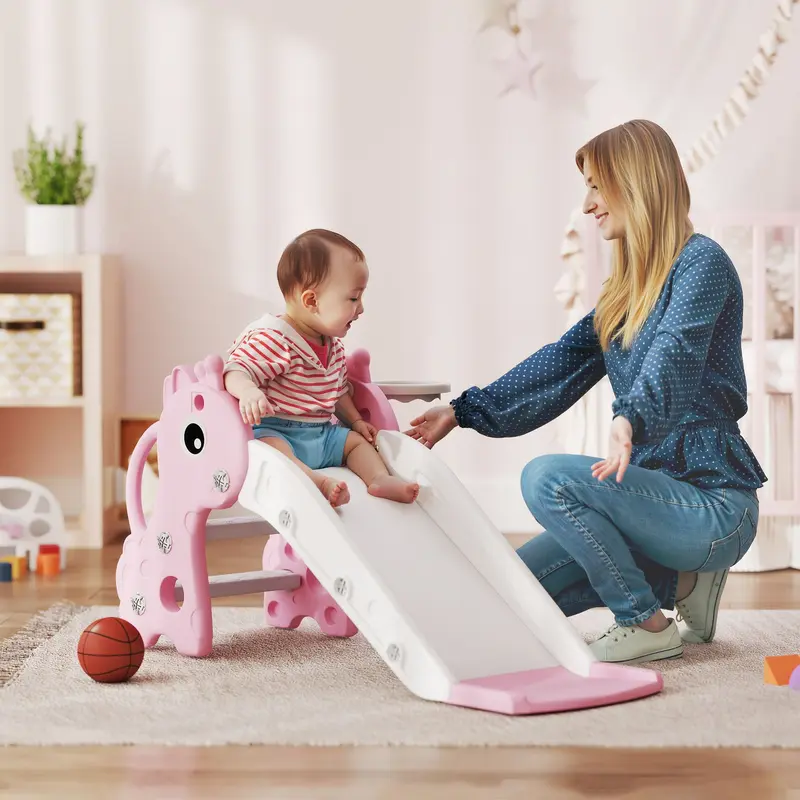 AIYAPLAY 3 in 1 Kids Slide with Climber, Basketball Hoop and Ball, Giraffe Shape Climber Slide for Indoor Kids Age 1-3, Pink 1